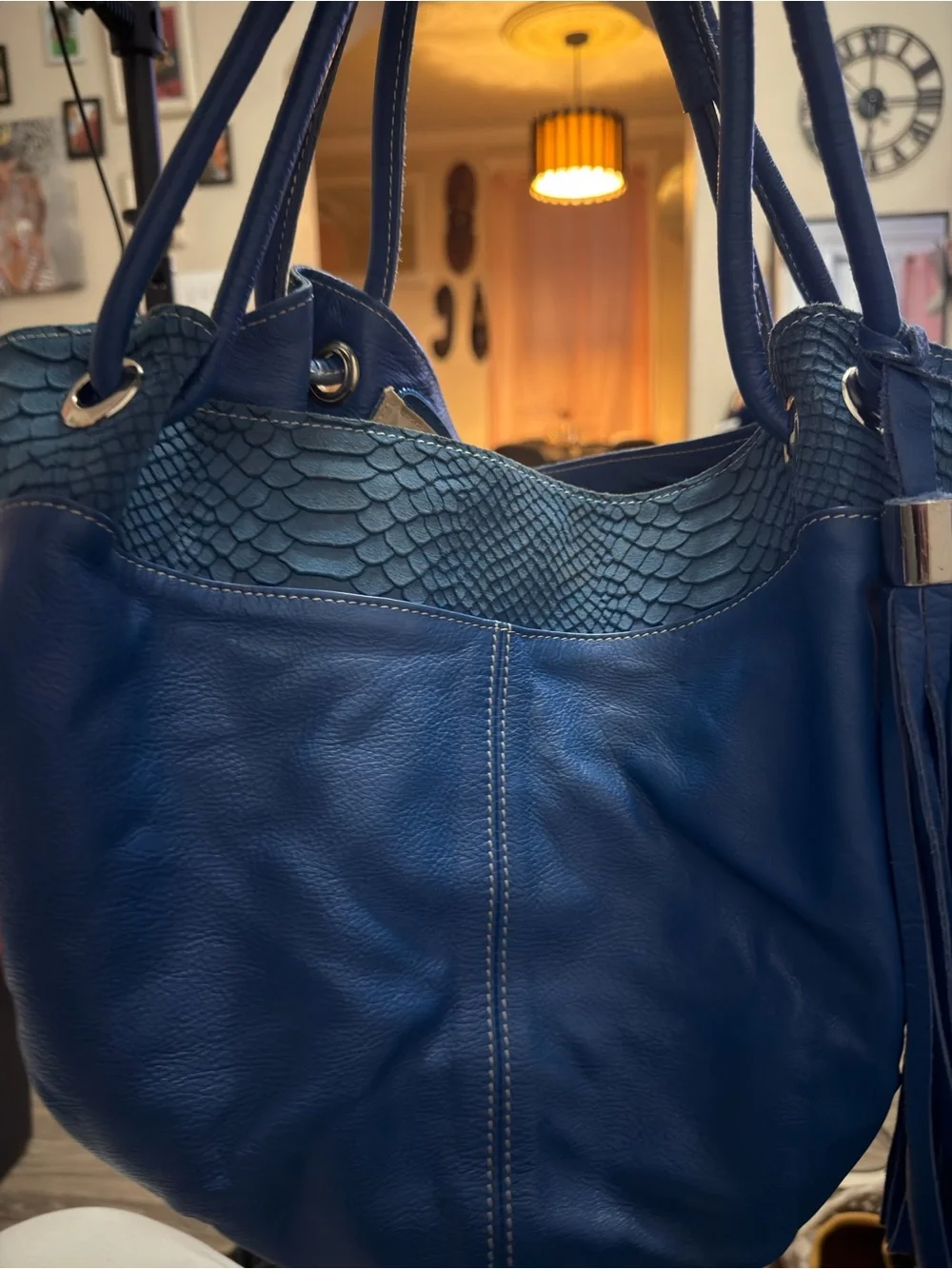 Women's Blue Leather Tote Bag with Textured Trim